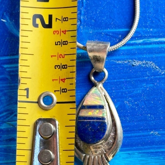 Opal And Lapis Bezel Set Sterling 925 inlay Pendant Necklace Signed VTG 4250 W - Picture 9 of 16